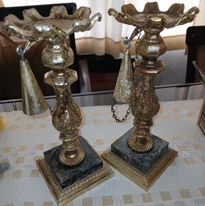 Dilly MFG Co Vintage gilded metal and marble pillar candleholders vintage